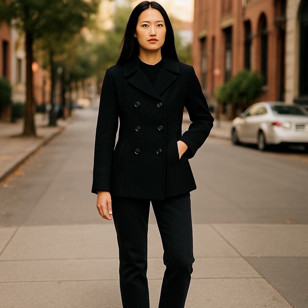 Calvin Klein Women’s Size 12 Black Wool Blend Double-Breasted Pea Coat Pleated